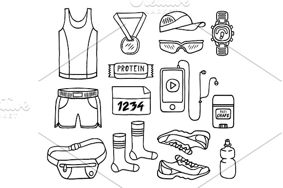 RUNNING EQUIPMENT in doodle style in Illustrations - product preview 2