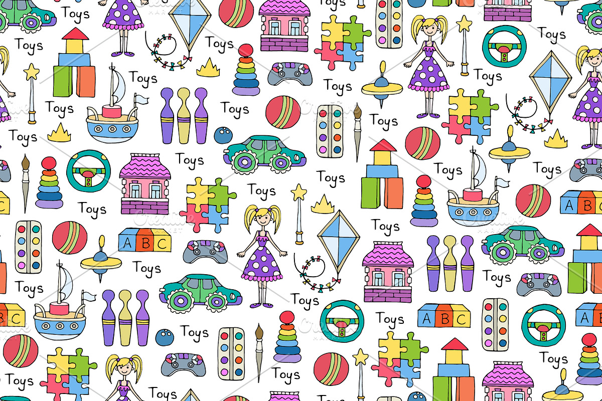 Hand drawn pattern with toys in Patterns - product preview 8