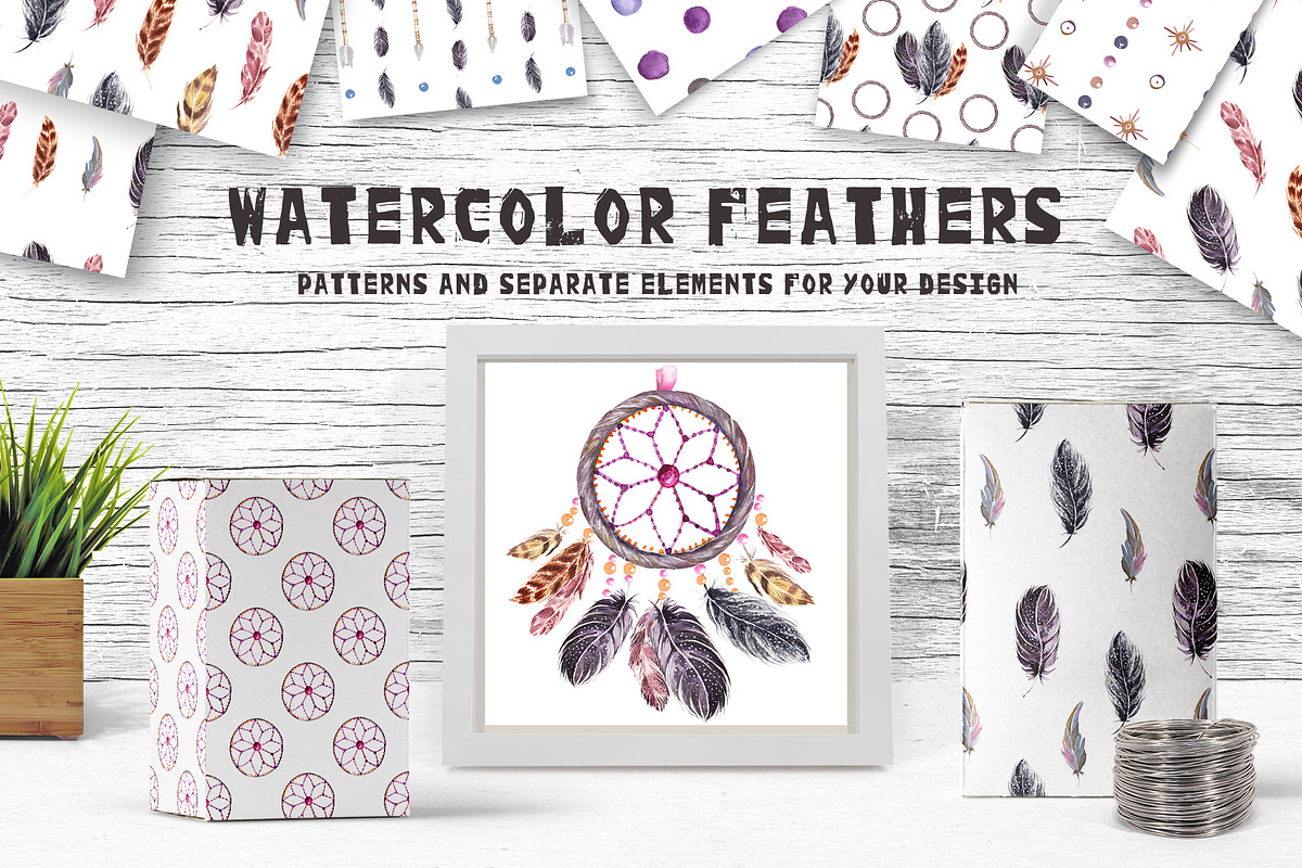 Watercolor seamless feathers in Patterns - product preview 8