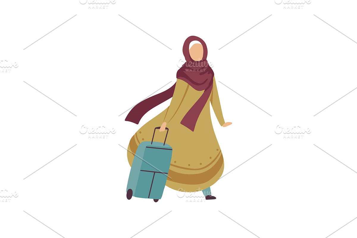 Muslim Woman Walking with Suitcase in Illustrations - product preview 8
