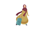 Muslim Woman Walking with Suitcase