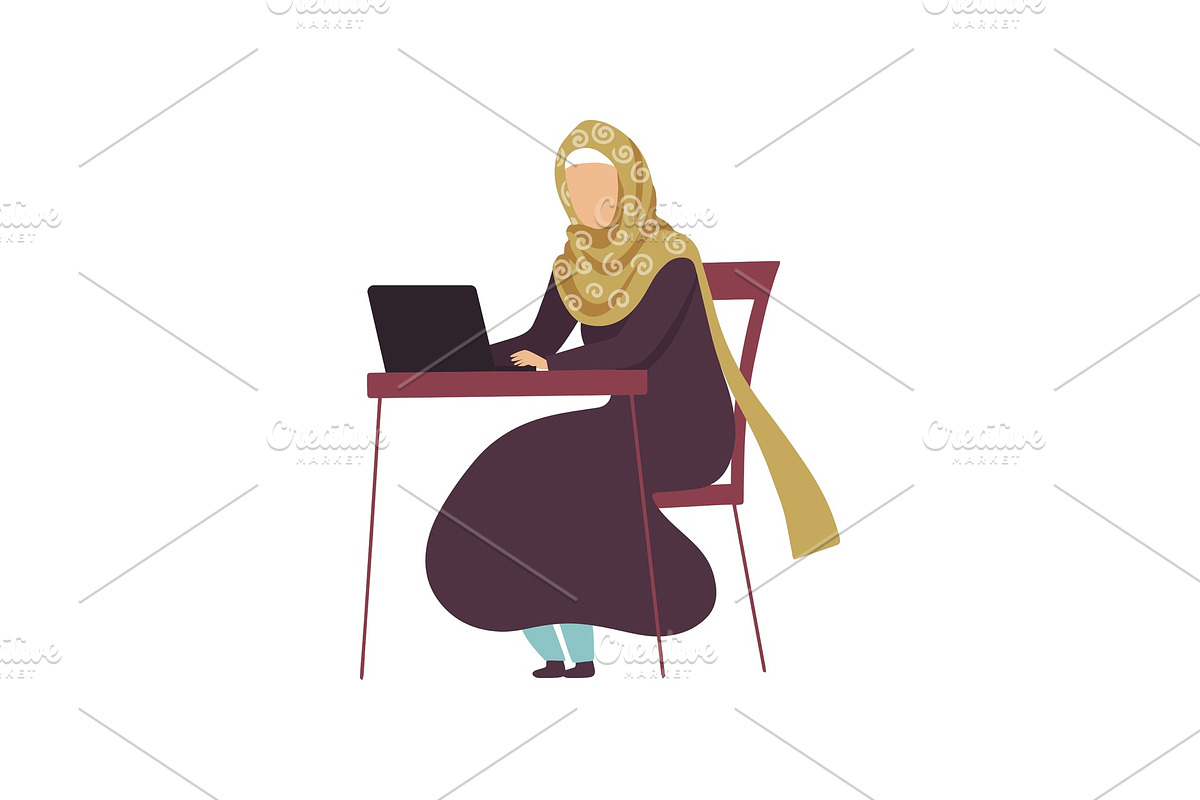 Muslim Woman Sitting at Desk in Illustrations - product preview 8