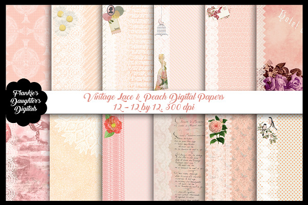 Vintage Lace & Peach Digital Papers