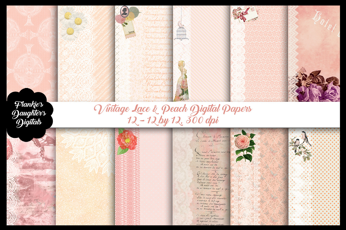 Vintage Lace & Peach Digital Papers in Textures - product preview 8