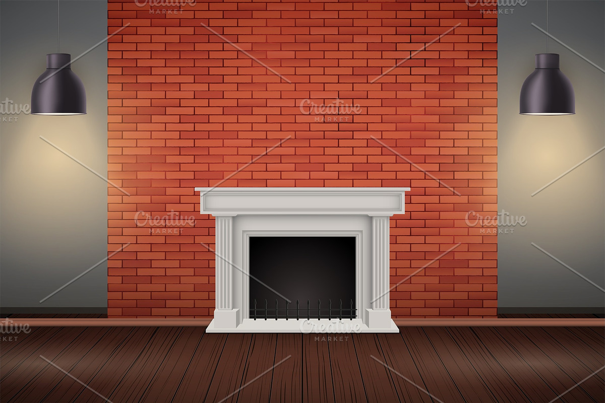 Red brick wall room with fireplace in Objects - product preview 8