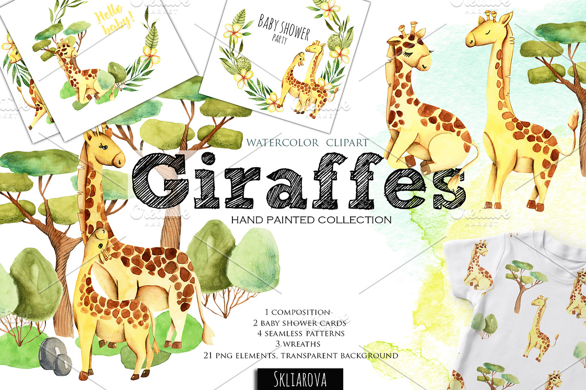 Giraffes. Watercolor clipart. in Illustrations - product preview 8