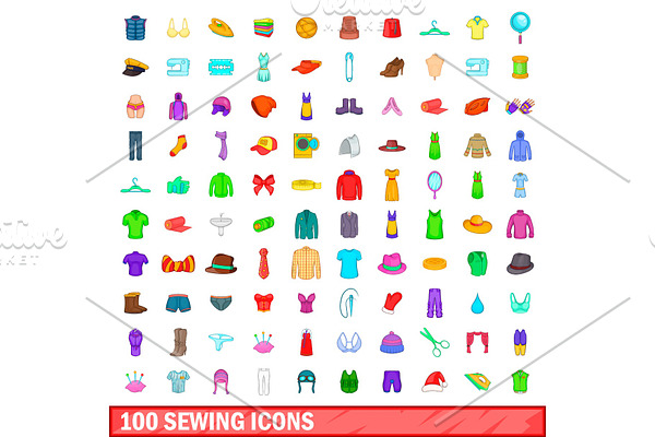 100 sewing icons set, cartoon style