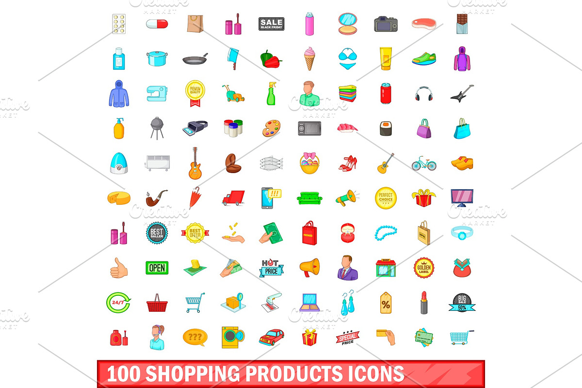 100 shopping products icons set in Objects - product preview 8