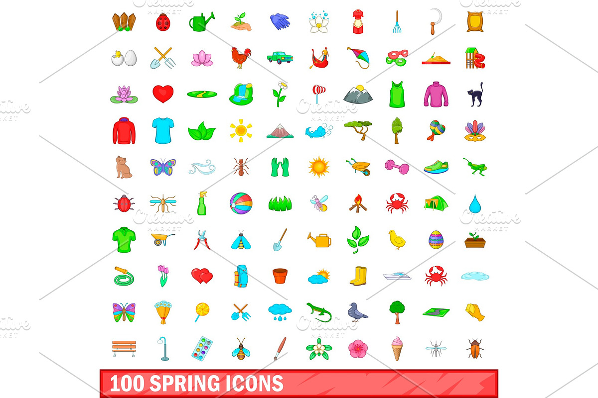 100 spring icons set, cartoon style in Illustrations - product preview 8