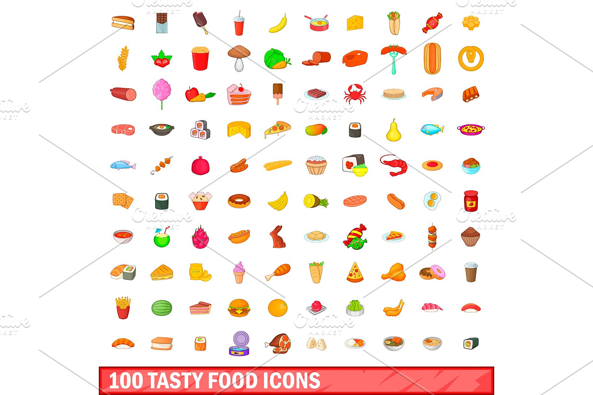 100 tasty food icons set, cartoon in Illustrations - product preview 8
