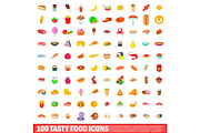 100 tasty food icons set, cartoon