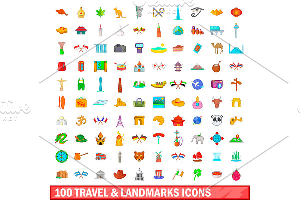 100 travel and landmarks icons set