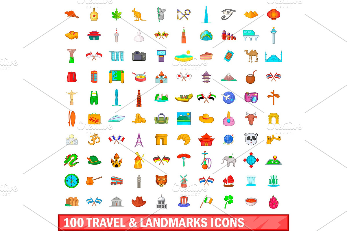 100 travel and landmarks icons set in Illustrations - product preview 8