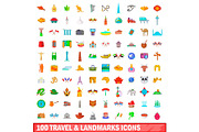 100 travel and landmarks icons set