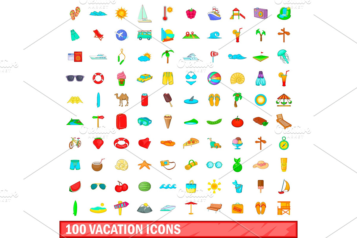 100 vacation icons set, cartoon in Illustrations - product preview 8