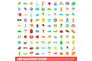 100 vacation icons set, cartoon
