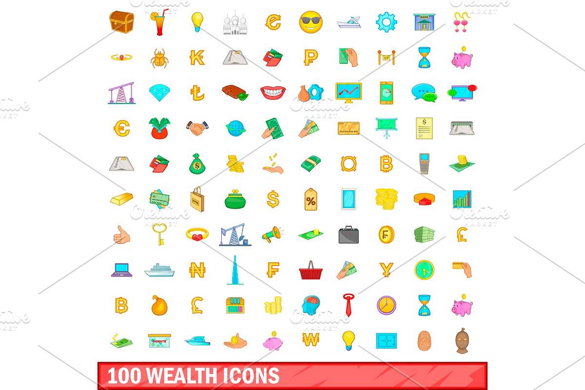 100 wealth icons set, cartoon style in Illustrations - product preview 8