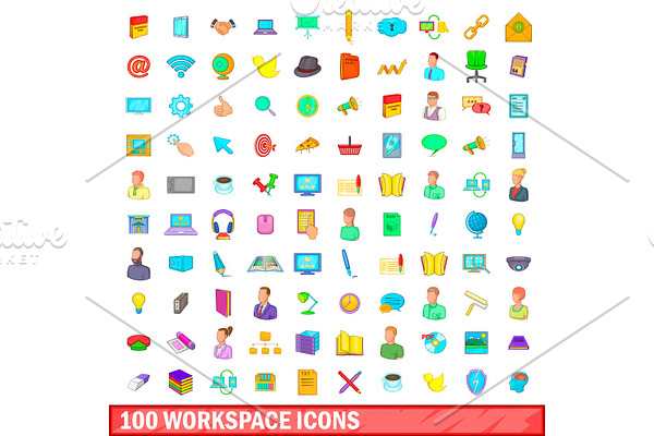 100 workspace icons set, cartoon
