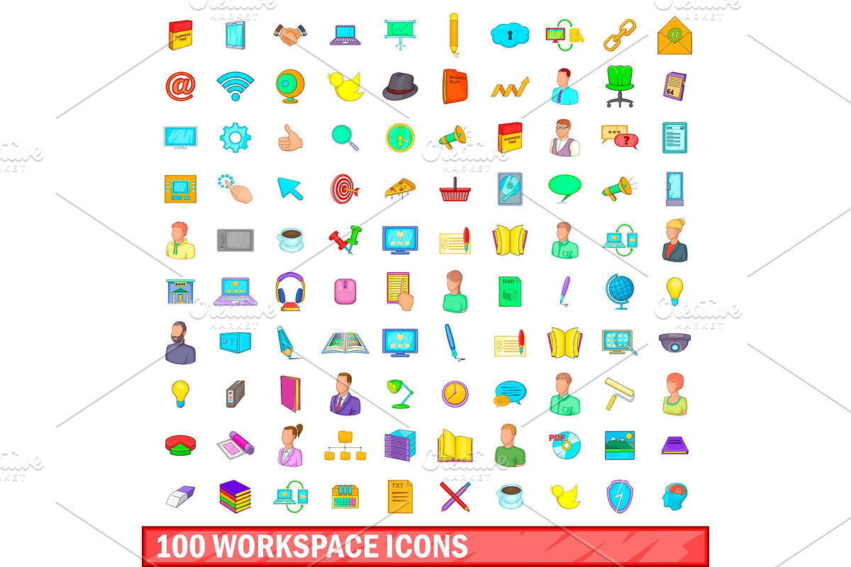 100 workspace icons set, cartoon in Illustrations - product preview 8