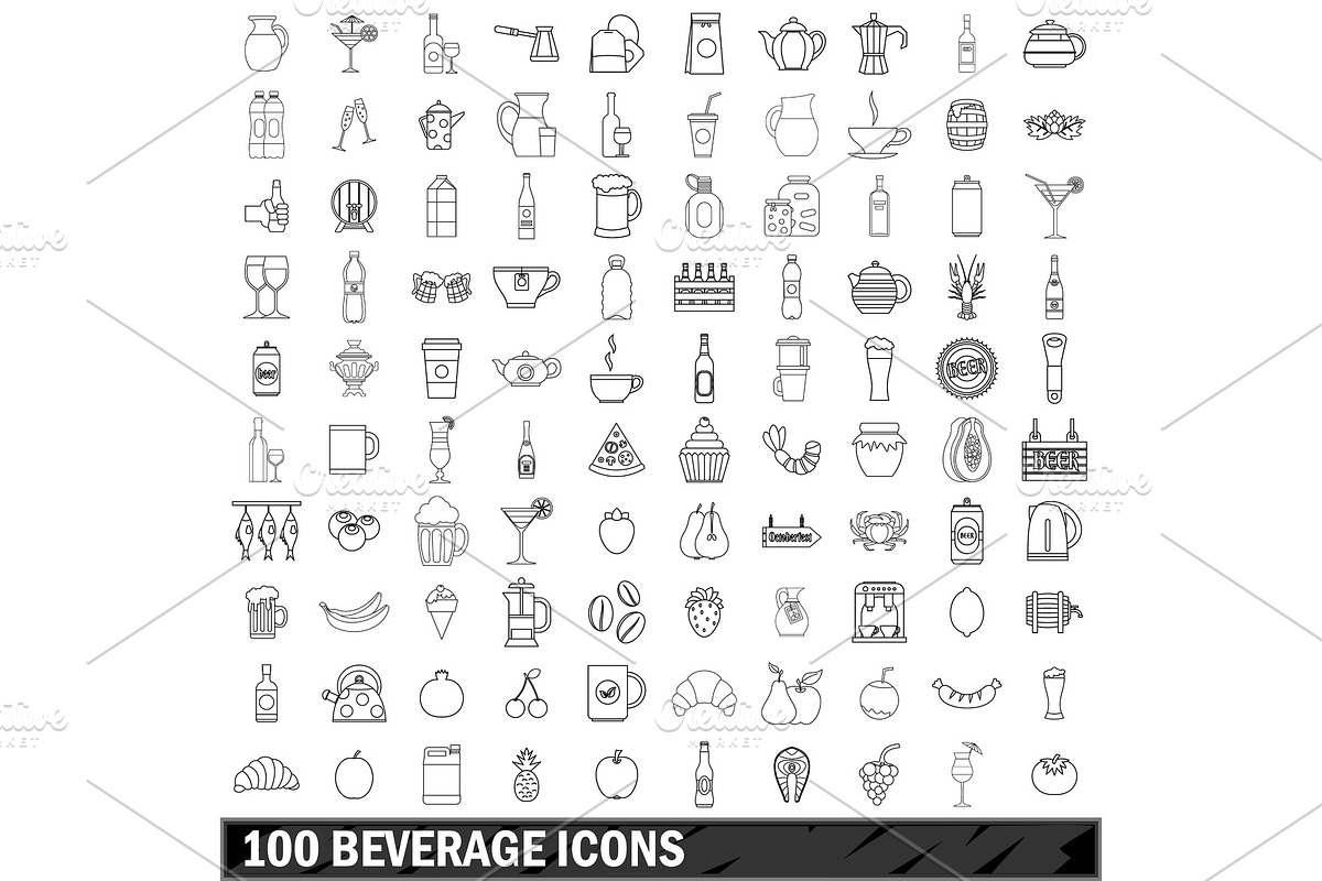 100 beverage icons set, outline in Illustrations - product preview 8