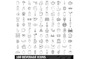 100 beverage icons set, outline