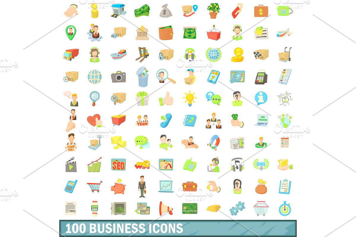 100 business icons set, cartoon in Illustrations - product preview 8