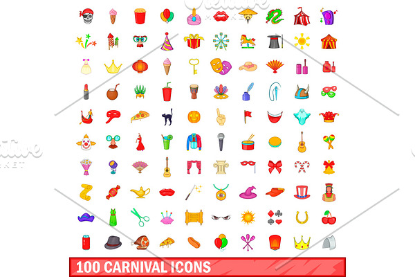 100 carnival icons set, cartoon