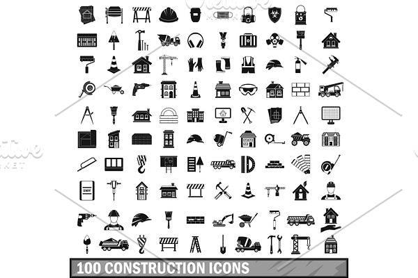 100 construction icons set in simple