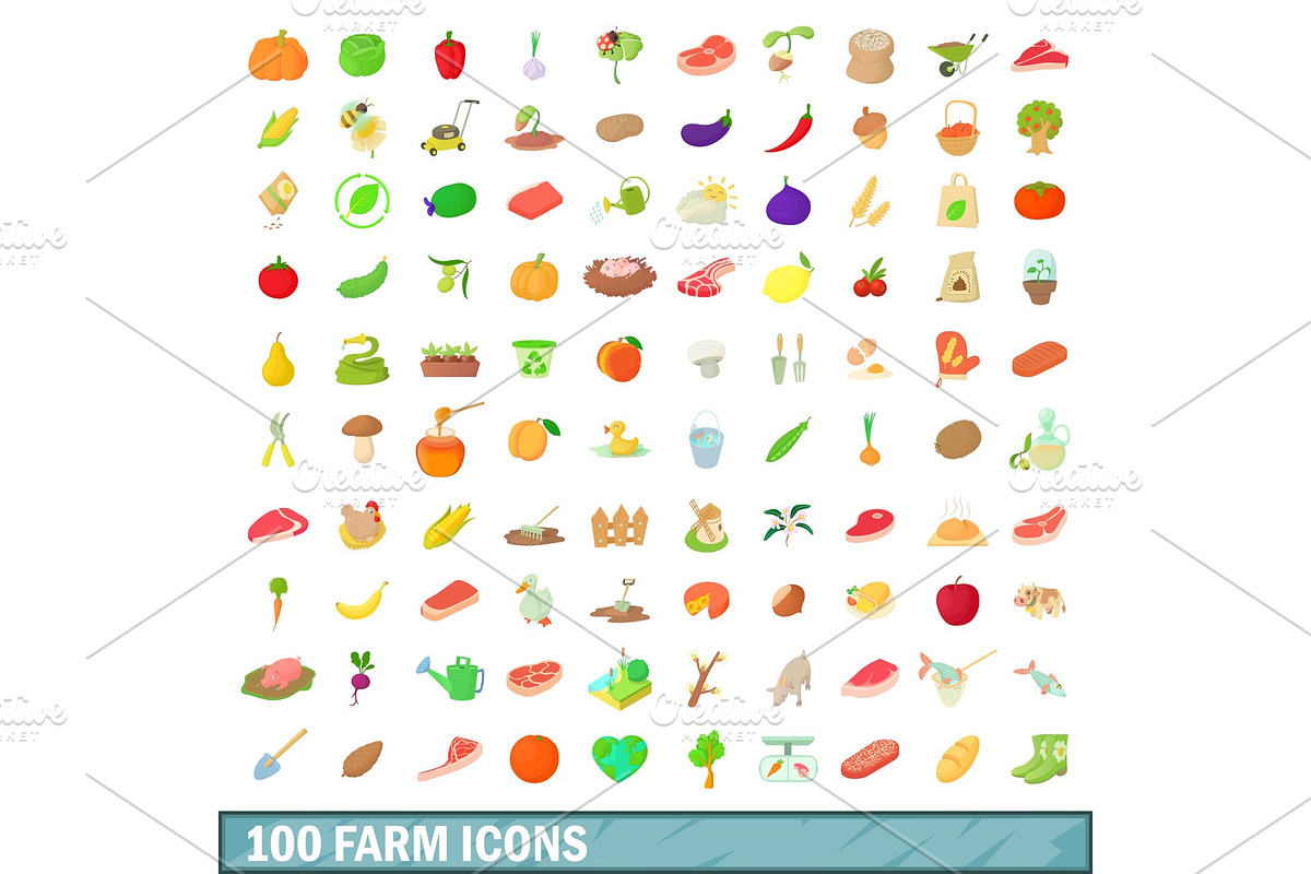 100 farm icons set, cartoon style in Illustrations - product preview 8