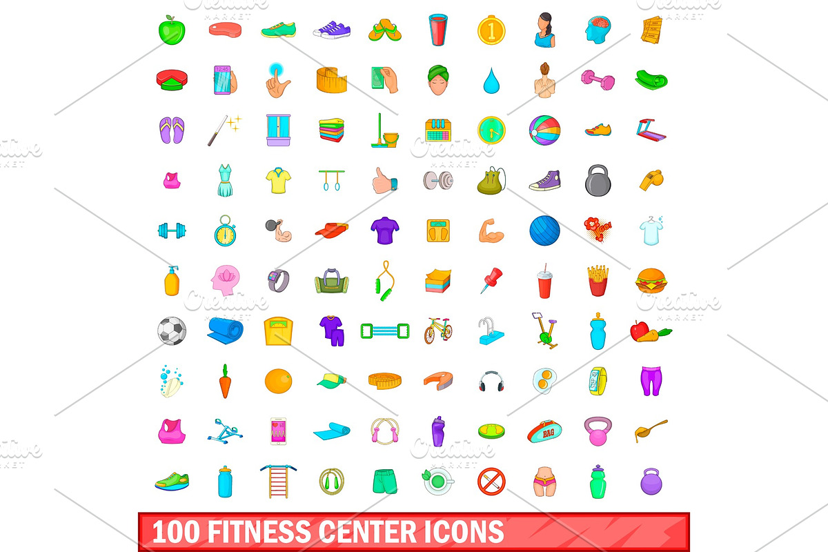100 fitness center icons set in Objects - product preview 8