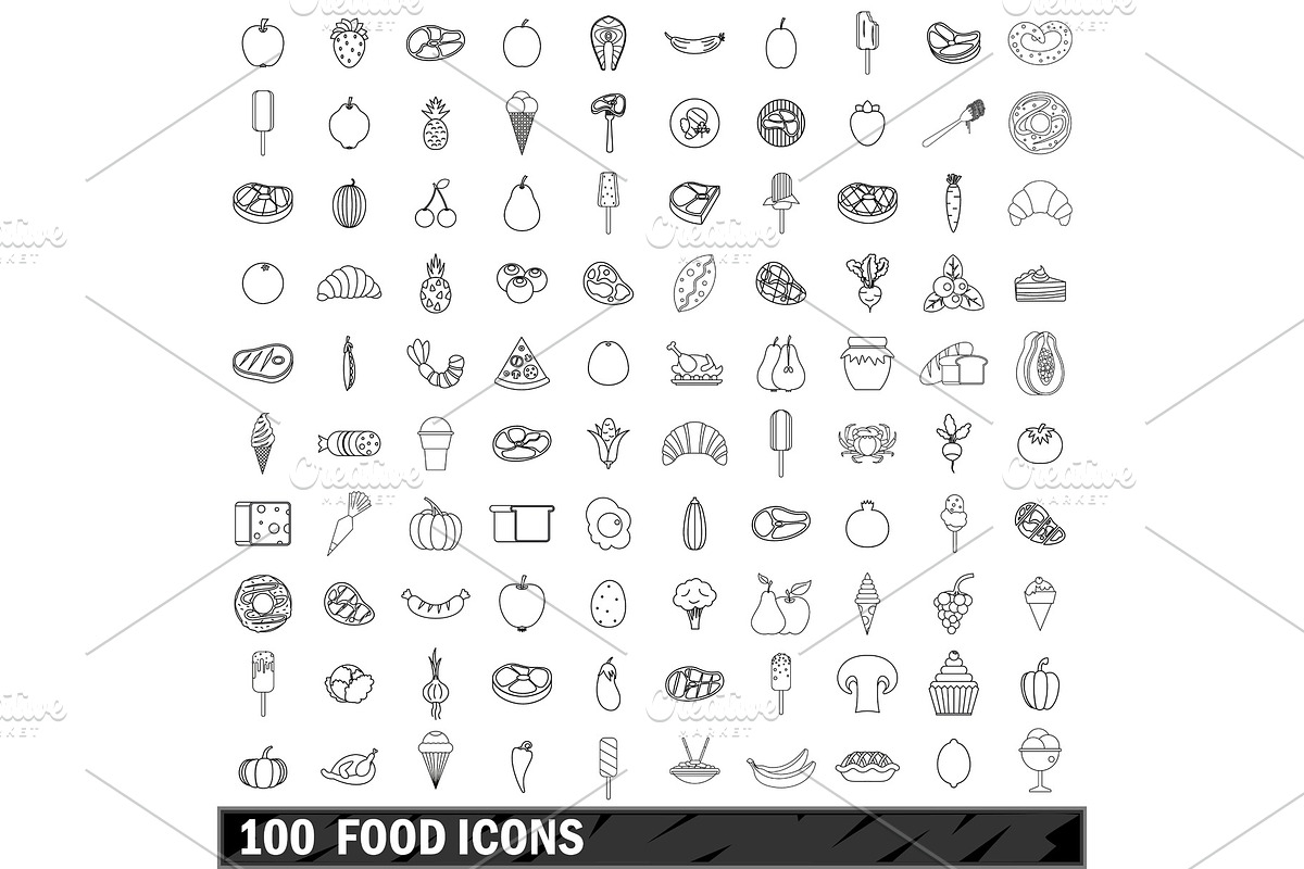 100 food icons set, outline style in Illustrations - product preview 8