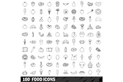 100 food icons set, outline style