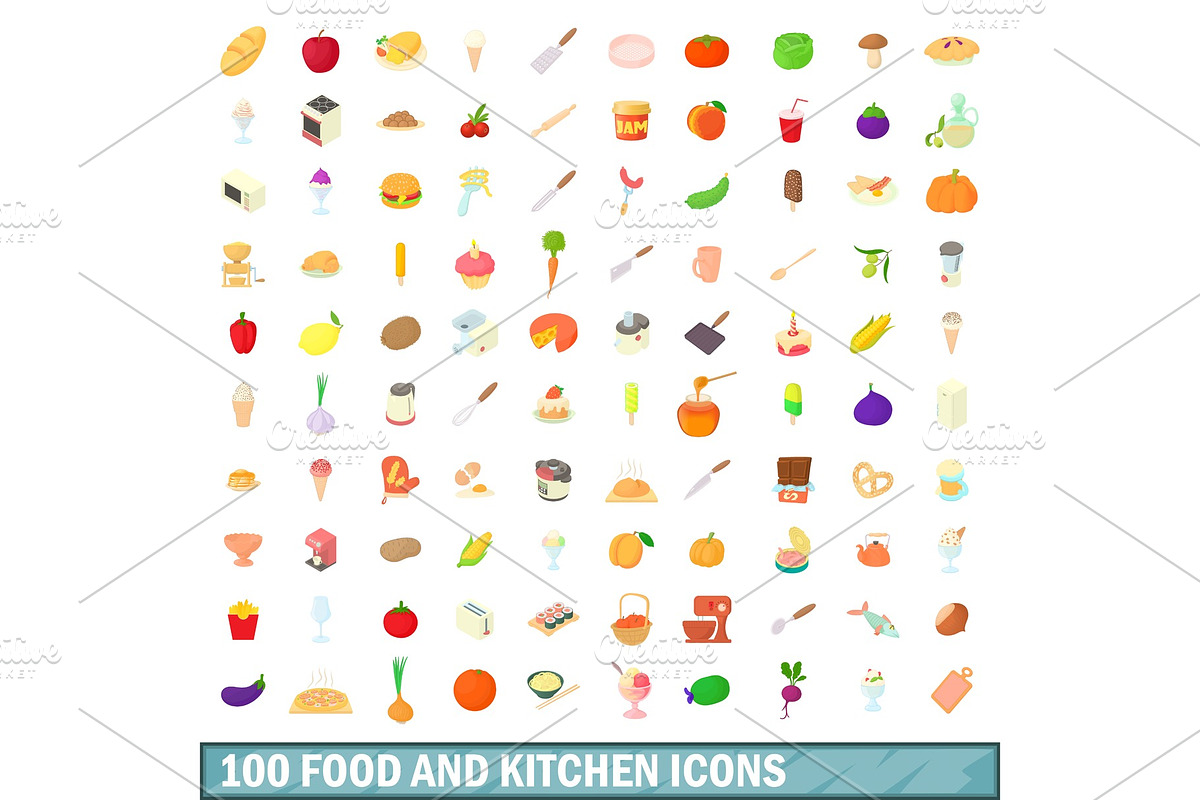 100 food and kitchen icons set in Illustrations - product preview 8