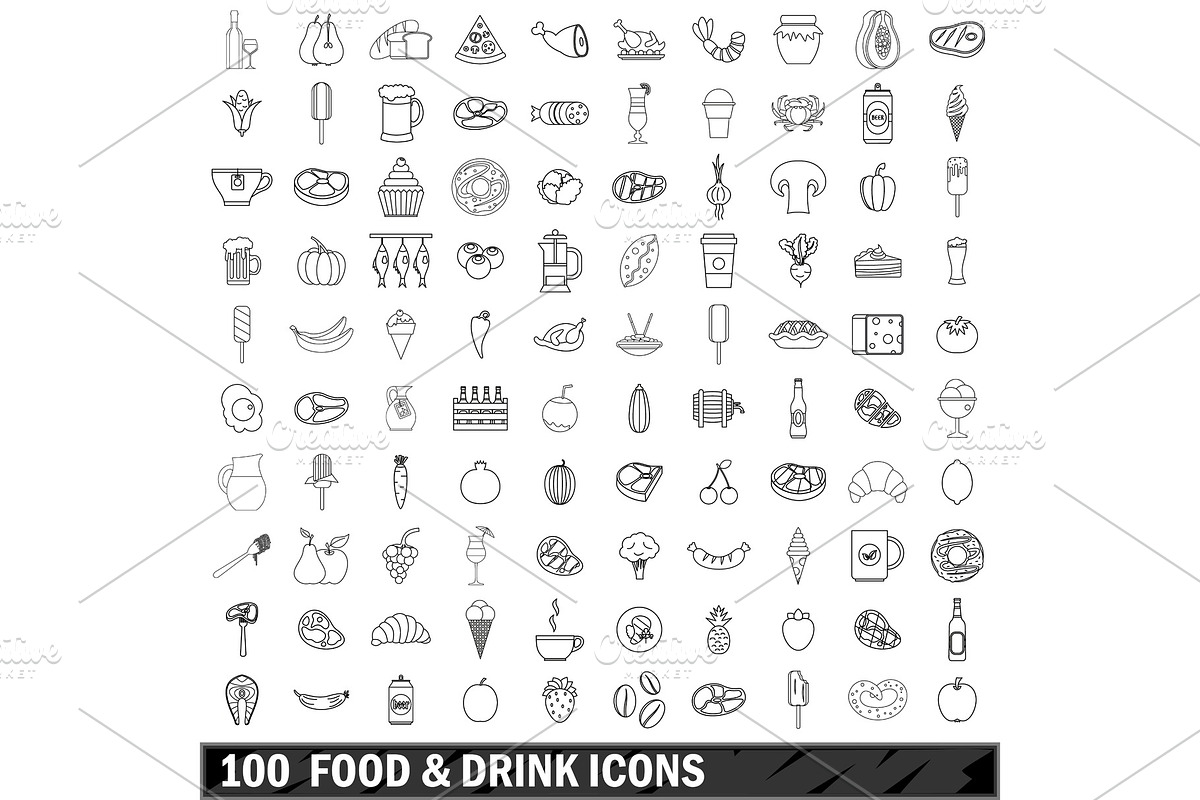 100 food and drink icons set in Illustrations - product preview 8