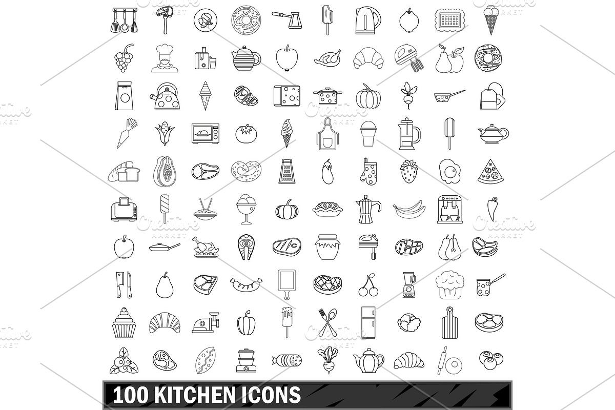 100 kitchen icons set, outline style in Illustrations - product preview 8