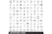 100 kitchen icons set, outline style