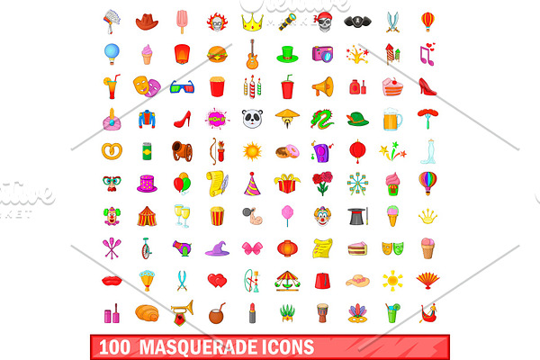 100 masquerade icons set, cartoon