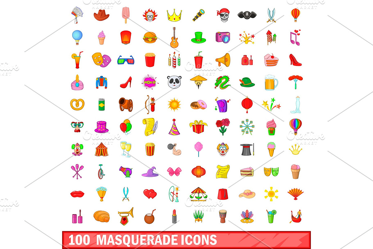 100 masquerade icons set, cartoon in Objects - product preview 8