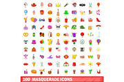 100 masquerade icons set, cartoon