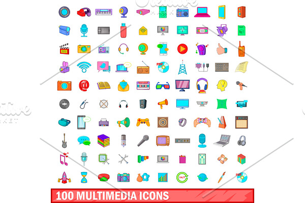 100 multimedia icons set, cartoon