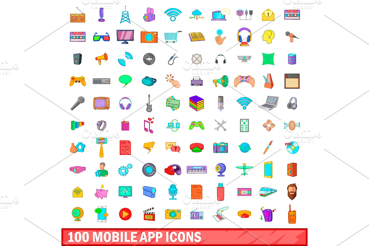 100 mobile app icons set, cartoon in Illustrations - product preview 8