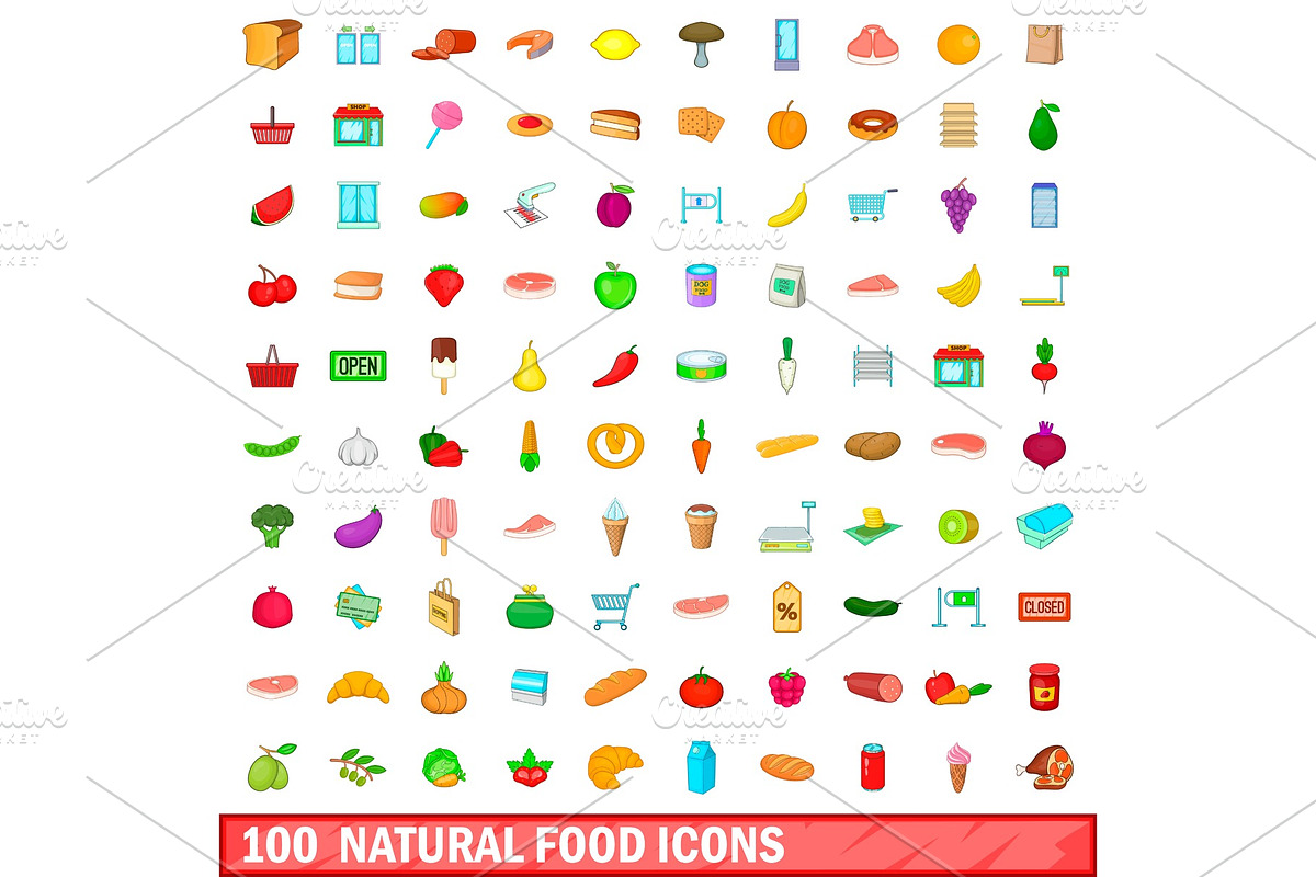 100 natural food icons set, cartoon in Illustrations - product preview 8