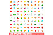 100 natural food icons set, cartoon