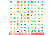100 paying money icons set, cartoon