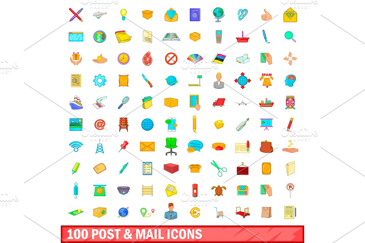 100 post and mail icons set, cartoon in Illustrations - product preview 8