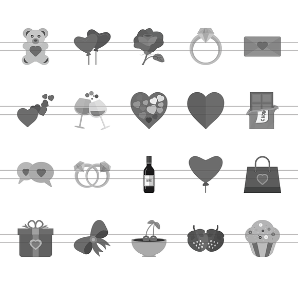 20 Valentine Greyscale Icons in Graphics - product preview 1