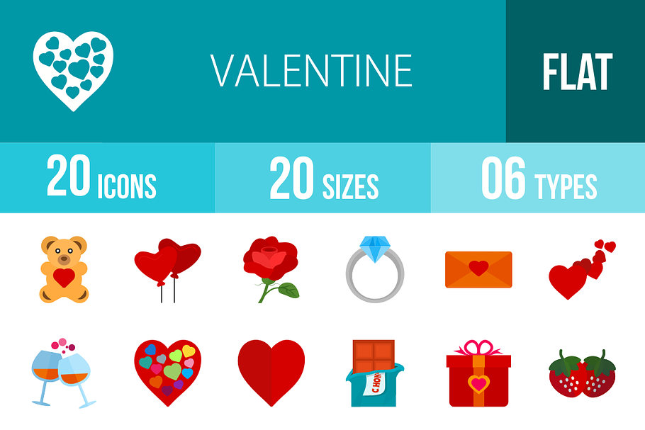 20 Valentine Flat Multicolor Icons
