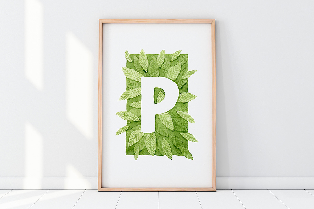Green Watercolor Leaves ABC in Illustrations - product preview 8
