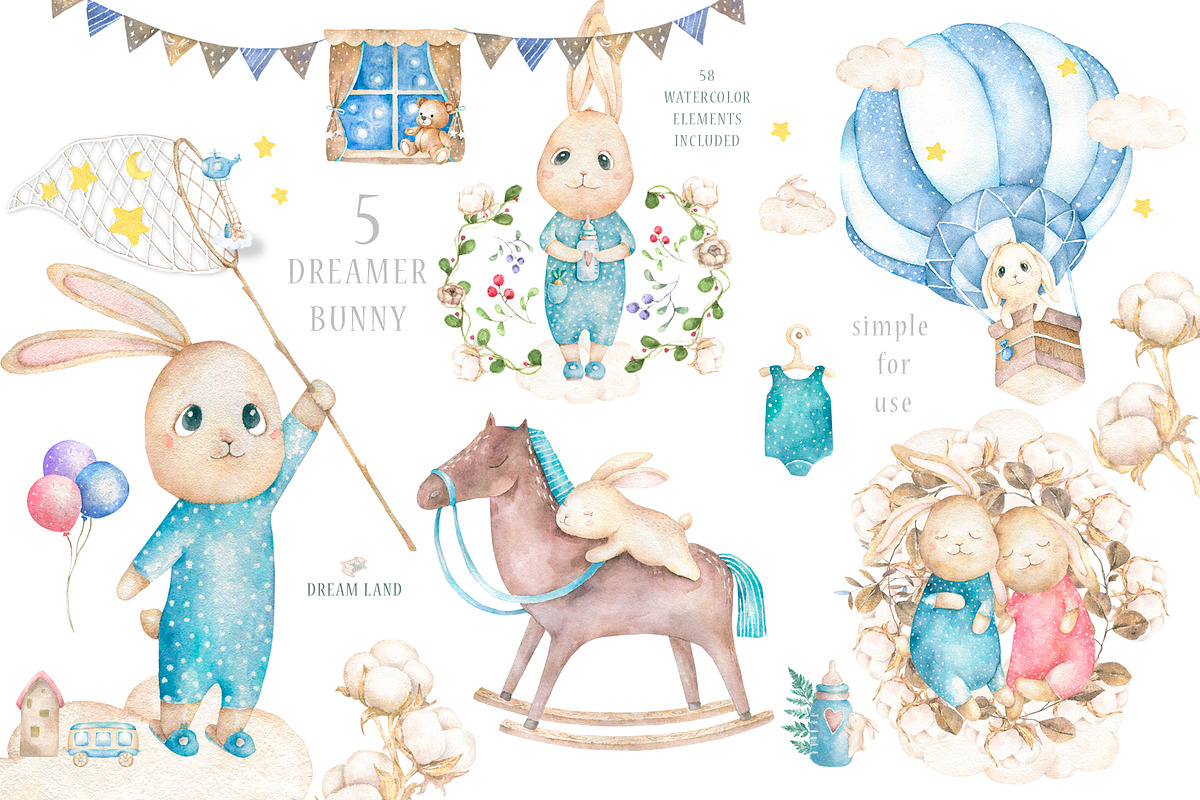 Dream Land Watercolor cute Bunnys in Illustrations - product preview 8