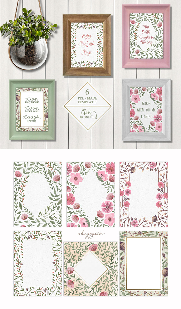 6 Floral Templates Green X Pink in Illustrations - product preview 1